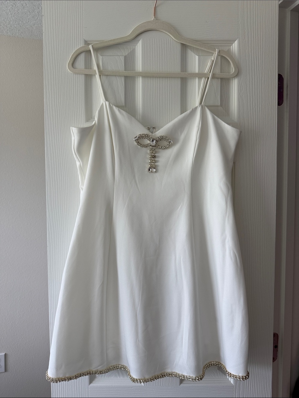 Crystal Doll White Mini Dress with Rhinestone Bow